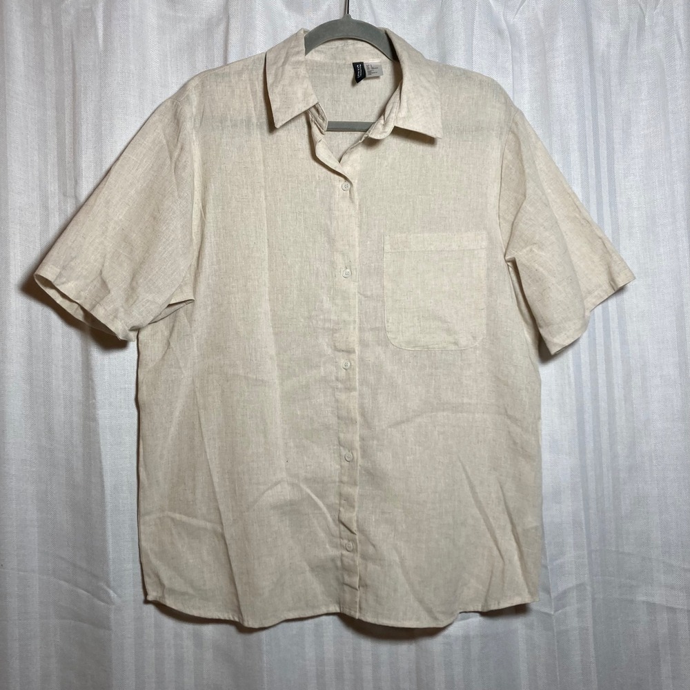 H&M Divided Mens Small Beige Cotton Linen Blend‎ Short Sleeve Button Up Shirt